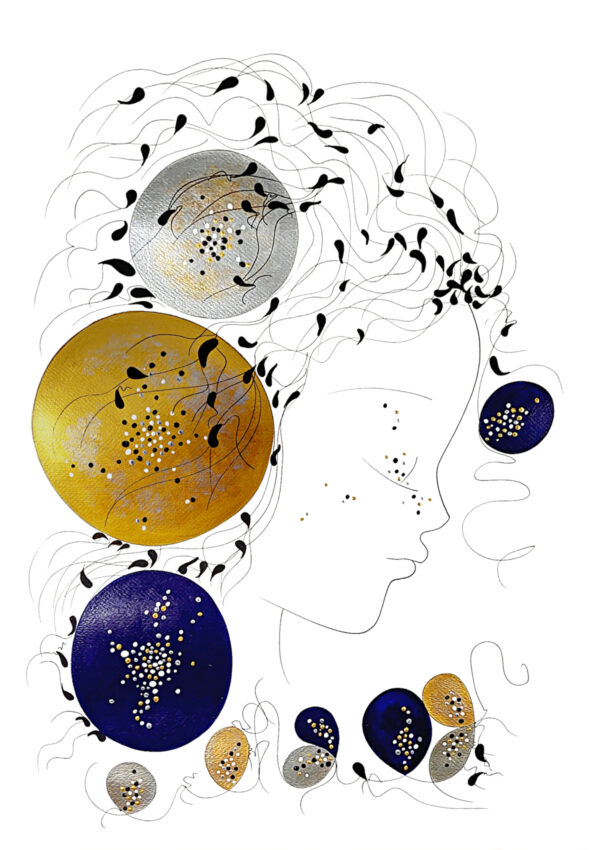 La Lune Aux Étoiles de la série picturale «Ad Astra» tableau moderne réalisés à la peinture acrylique sur papier coton Fabriano 350gr par Alessandra Viotti-Gilabert, artiste peintre Contemporain.