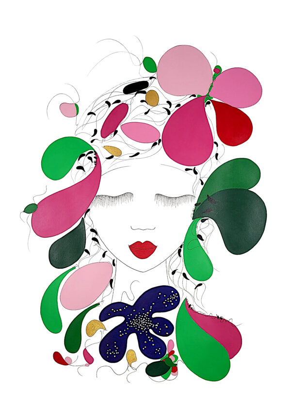 Amazonie fait partie des tableaux modernes de la série picturale «Amazonie». Visage très pure d'une jeune fille amazonienne avec des couleurs vives des roses et des verts symbolisant la végétation de l'amozonie et la biodiversité. Dessin au feutre noir, peinture acrylique, pigments irisés or et argent sur papier coton 50% 360 gr Fabriano. Réalisation d'Alessandra Viotti-Gilabert, Artiste Peintre Contemporain.