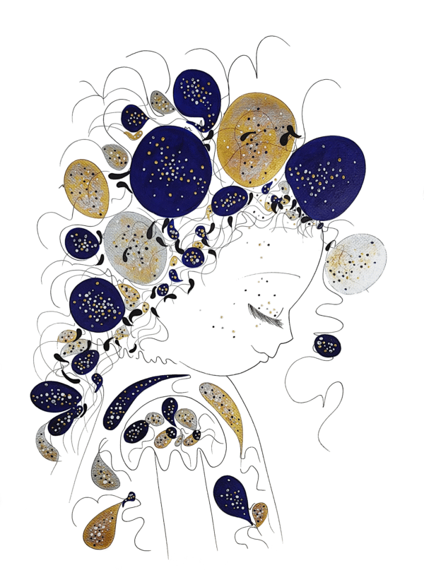 Le tableau Luna de la série picturale Ad Astra. Dessin au feutre noir, peinture acrylique et pigments irisés or et argent sur papier coton 50% 360gr Fabriano brossé main.