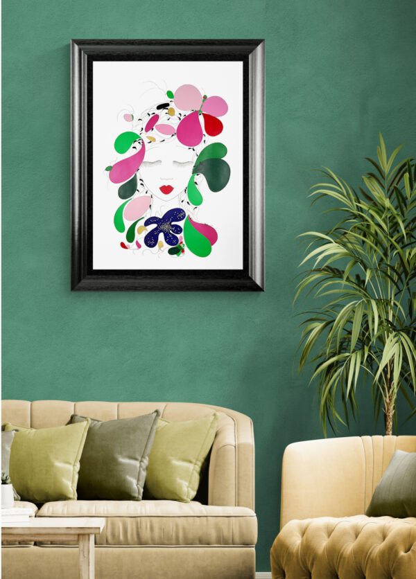 Mise en scéne de l'œuvre originale certifiée pièce unique Amazonie. Peinture Acrylique avec pigments irisés or et argent. C'est un tableau moderne avec des couleurs vives rose, vert, or et Argent.