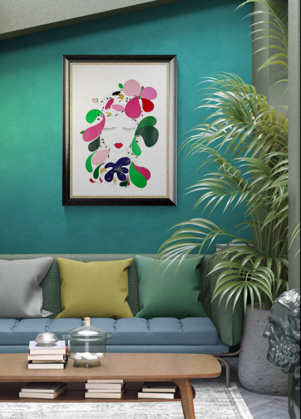Mise en scéne de l'œuvre originale certifiée pièce unique Amazonie. Peinture Acrylique avec pigments irisés or et argent. C'est un tableau moderne avec des couleurs vives rose, vert, or et Argent.