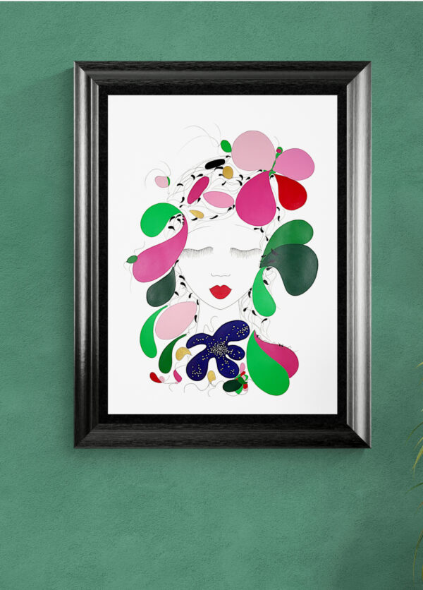 Mise en scéne de l'œuvre originale certifiée pièce unique Amazonie. Peinture Acrylique avec pigments irisés or et argent. C'est un tableau moderne avec des couleurs vives rose, vert, or et Argent.