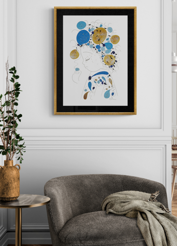 Misen en scéne de l''œuvre originale certifiée pièce unique Sole. C'est un tableau moderne aux couleurs vives avec des nuances du bleu et d'or.