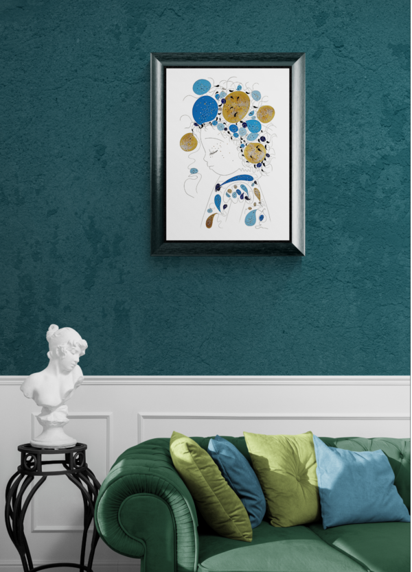 Misen en scéne de l''œuvre originale certifiée pièce unique Sole. C'est un tableau moderne aux couleurs vives avec des nuances du bleu et d'or.