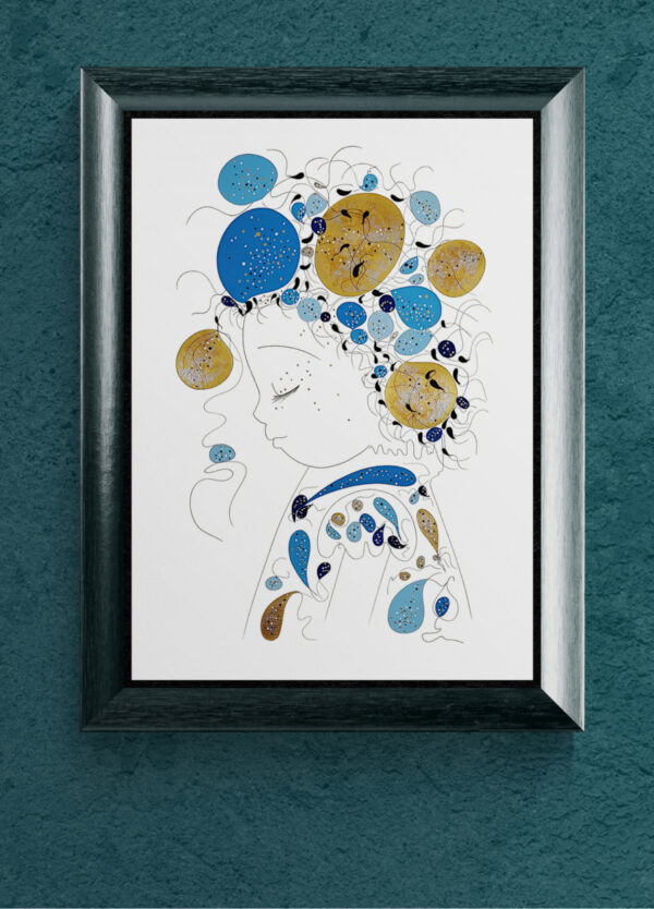 Misen en scéne de l''œuvre originale certifiée pièce unique Sole. C'est un tableau moderne aux couleurs vives avec des nuances du bleu et d'or.