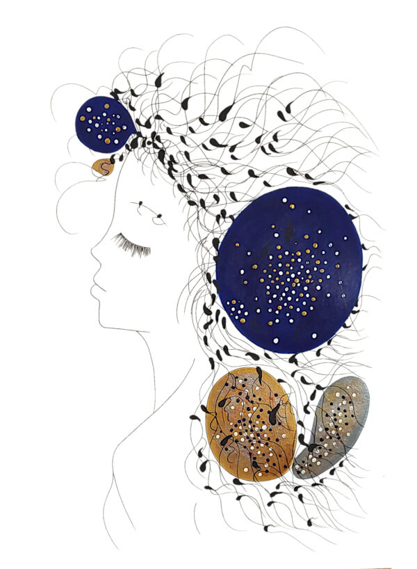 Tableau Quiétude et les étoiles de la série picturale Ad Astra. Visage de profil d'une jeune fille rêveuse, les cheveux dans le vent. Dessin au feutre noir et peinture acrylique or et argent sur papier coton 50% 360 gr Fabriano brossé à la main.