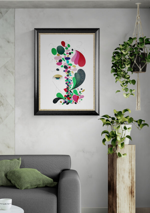 Mise en scéne de l'œuvre originale certifiée pièce unique Flower Star. Peinture Acrylique avec pigments irisés or et argent. C'est un tableau moderne avec des couleurs vives bleu foncé, or et Argent.