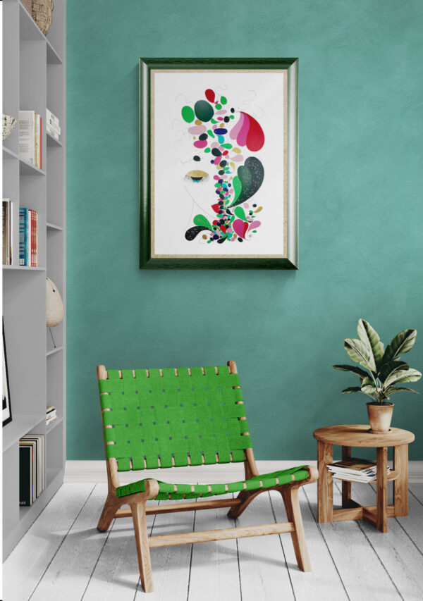 Mise en scéne de l'œuvre originale certifiée pièce unique Flower Star. Peinture Acrylique avec pigments irisés or et argent. C'est un tableau moderne avec des couleurs vives bleu foncé, or et Argent.