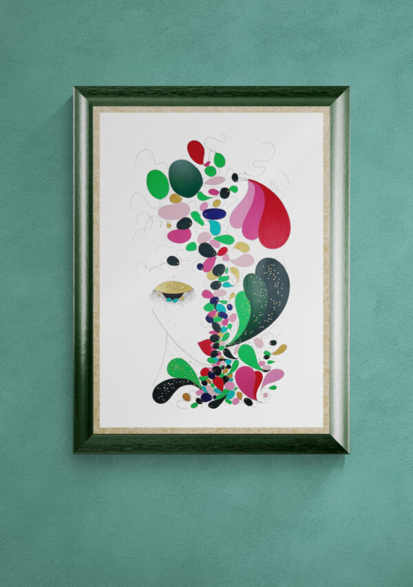 Mise en scéne de l'œuvre originale certifiée pièce unique Flower Star. Peinture Acrylique avec pigments irisés or et argent. C'est un tableau moderne avec des couleurs vives bleu foncé, or et Argent.