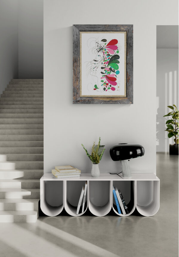 Mise en scéne de l'œuvre originale certifiée pièce unique Forest Wind. Peinture Acrylique avec pigments irisés or et argent. C'est un tableau moderne avec des couleurs vives bleu foncé, or et Argent.