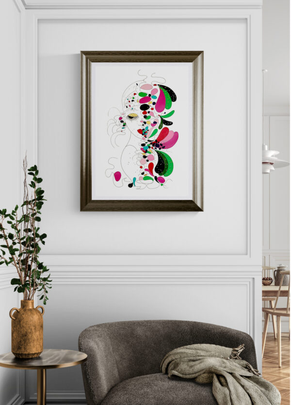 Mise en scéne de l'œuvre originale certifiée pièce unique Anni Ruggenti. Peinture Acrylique avec pigments irisés or et argent. C'est un tableau moderne avec des couleurs vives bleu foncé, or et Argent.