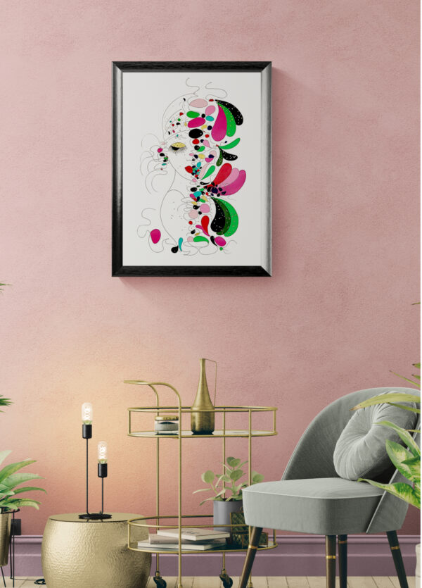 Mise en scéne de l'œuvre originale certifiée pièce unique Anni Ruggenti. Peinture Acrylique avec pigments irisés or et argent. C'est un tableau moderne avec des couleurs vives bleu foncé, or et Argent.