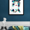 Mise en scéne de l'œuvre originale certifiée pièce unique Acqua Viva. Peinture Acrylique avec pigments irisés or et argent. C'est un tableau moderne avec des couleurs vives.