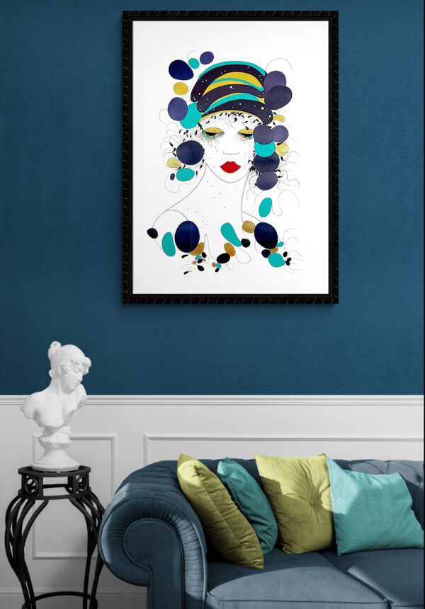 Mise en scéne de l'œuvre originale certifiée pièce unique Acqua Viva. Peinture Acrylique avec pigments irisés or et argent. C'est un tableau moderne avec des couleurs vives.