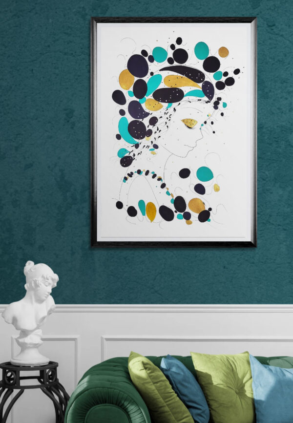 Mise en scéne de l'œuvre d'art Acqua de la série picturale Acqua qui fait partie de la collection des tableaux modernes de l'artiste peintre international Alessandra Viotti-Gilabert.