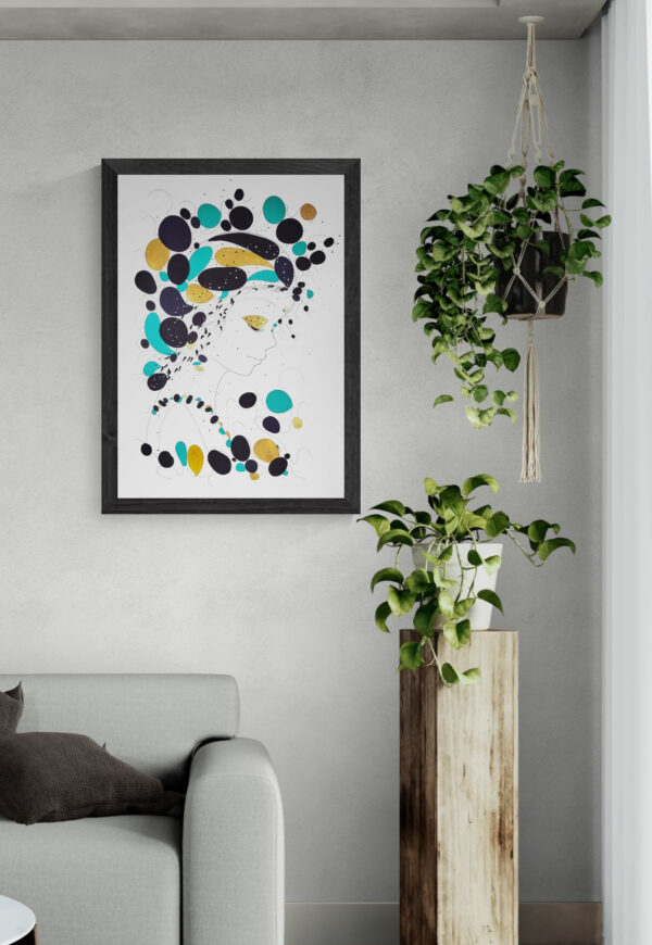 Mise en scéne de l'œuvre d'art Acqua de la série picturale Acqua qui fait partie de la collection des tableaux modernes de l'artiste peintre international Alessandra Viotti-Gilabert.