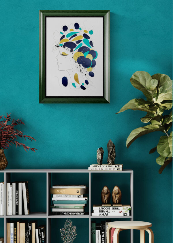 Mise en scéne de l'œuvre originale certifiée pièce unique Acqua Chiara. Peinture Acrylique avec pigments irisés or et argent. C'est un tableau moderne avec des couleurs vives bleu foncé et bleu clair, or et Argent.