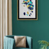 Mise en scéne de l'œuvre originale certifiée pièce unique Acqua Chiara. Peinture Acrylique avec pigments irisés or et argent. C'est un tableau moderne avec des couleurs vives bleu foncé et bleu clair, or et Argent.