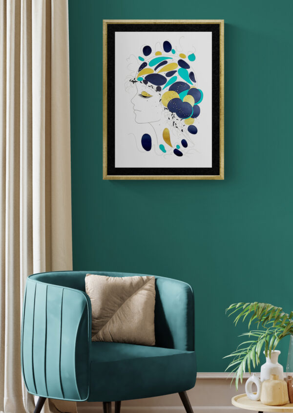Mise en scéne de l'œuvre originale certifiée pièce unique Acqua Chiara. Peinture Acrylique avec pigments irisés or et argent. C'est un tableau moderne avec des couleurs vives bleu foncé et bleu clair, or et Argent.