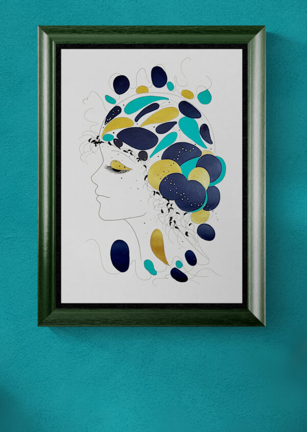 Mise en scéne de l'œuvre originale certifiée pièce unique Acqua Chiara. Peinture Acrylique avec pigments irisés or et argent. C'est un tableau moderne avec des couleurs vives bleu foncé et bleu clair, or et Argent.