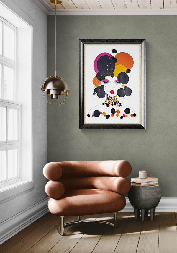 L'œuvre originale certifiée pièce unique POP Girl est un tableau moderne aux couleurs vives avec des nuances d'orange, du bleu foncé, du noir et du rouge.
