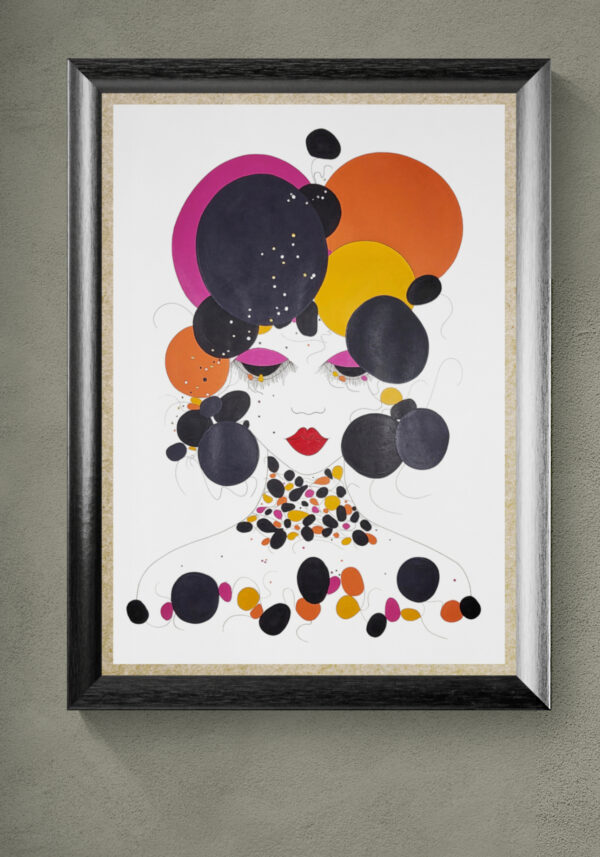 L'œuvre originale certifiée pièce unique POP Girl. C'est un tableau moderne aux couleurs vives avec des nuances d'orange, du bleu foncé, du noir et du rouge.