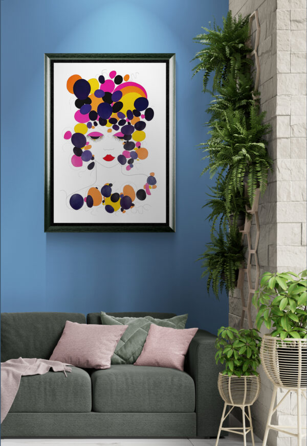 L'œuvre originale certifiée pièce unique POP Poésie. C'est un tableau moderne aux couleurs vives avec des nuances d'orange, du bleu foncé, du noir et du rouge.