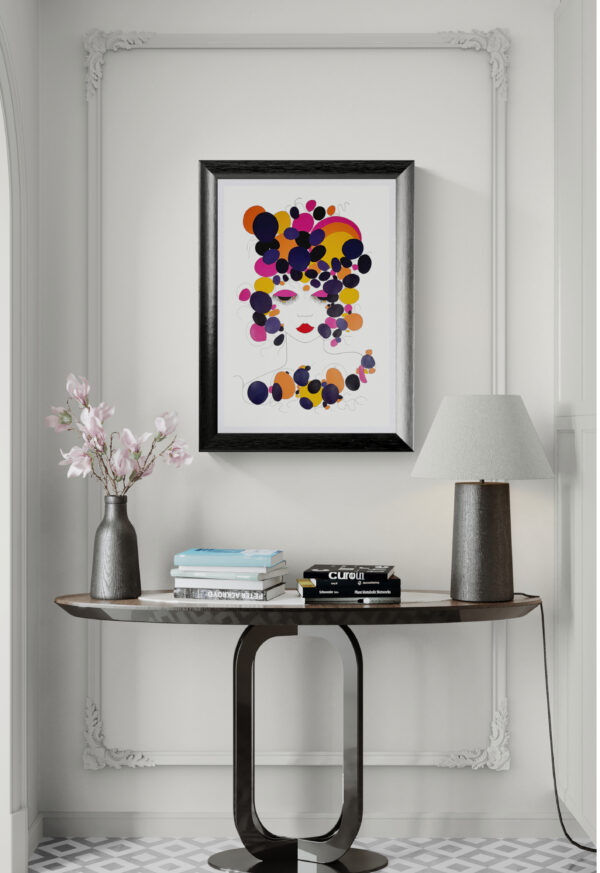 L'œuvre originale certifiée pièce unique POP Poésie de l'Artiste Peintre Contemporain Alessandra Viotti-Gilabert. C'est un tableau moderne aux couleurs vives avec des nuances d'orange, du bleu foncé, du noir et du rouge.