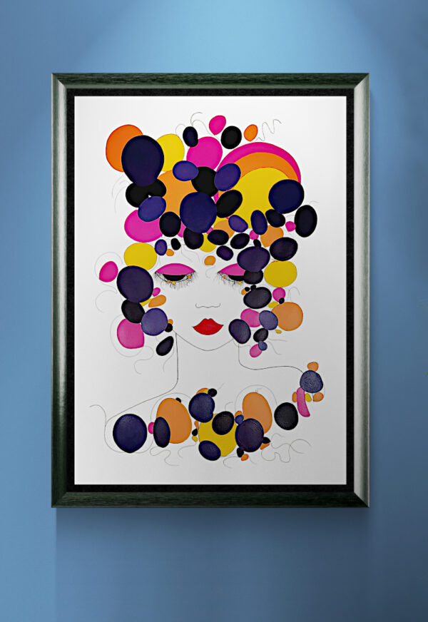 L'œuvre originale certifiée pièce unique POP Poésie. C'est un tableau moderne aux couleurs vives avec des nuances d'orange, du bleu foncé, du noir et du rouge.