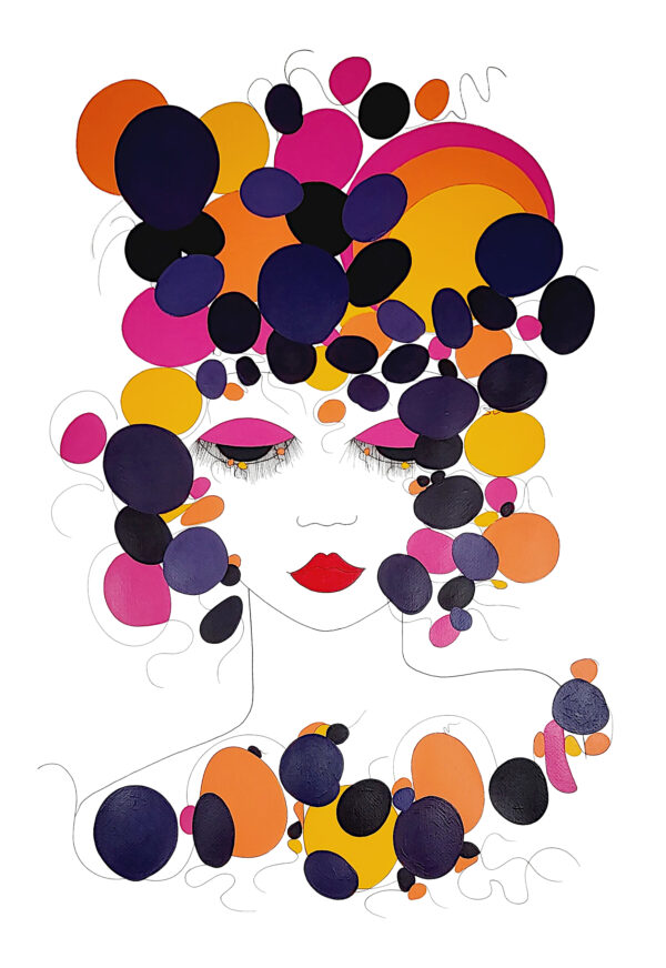 Une œuvre originale certifiée pièce unique POP Poésie. Création de l'artiste peintre contemporain Alessandra Viotti-Gilabert. C'est un tableau moderne aux couleurs vives avec des nuances d'orange, du bleu foncé, du noir et du rouge.