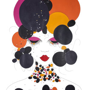 L'œuvre originale certifiée pièce unique POP Girl. C'est un tableau moderne aux couleurs vives avec des nuances d'orange, du bleu foncé, du noir et du rouge.