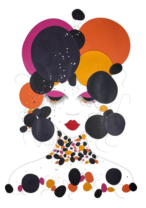L'œuvre originale certifiée pièce unique POP Girl. C'est un tableau moderne aux couleurs vives avec des nuances d'orange, du bleu foncé, du noir et du rouge.