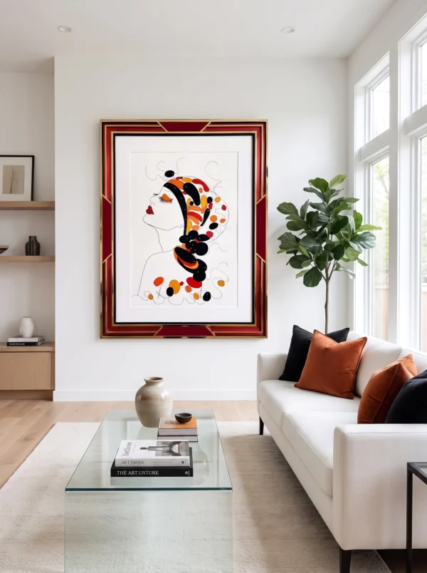 Salon moderne avec canapé gris, table basse en bois et grand tableau, Horizon Suspendu de l'Artiste Alessandra Viotti-Gilabert, encadré de rouge représentant une femme stylisée