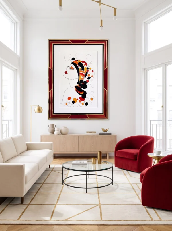 Salon moderne avec canapé gris, table basse en bois et grand tableau, Horizon Suspendu de l'Artiste Alessandra Viotti-Gilabert, encadré de rouge représentant une femme stylisée