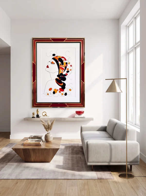 Salon moderne avec canapé gris, table basse en bois et grand tableau, Horizon Suspendu de l'Artiste Alessandra Viotti-Gilabert, encadré de rouge représentant une femme stylisée