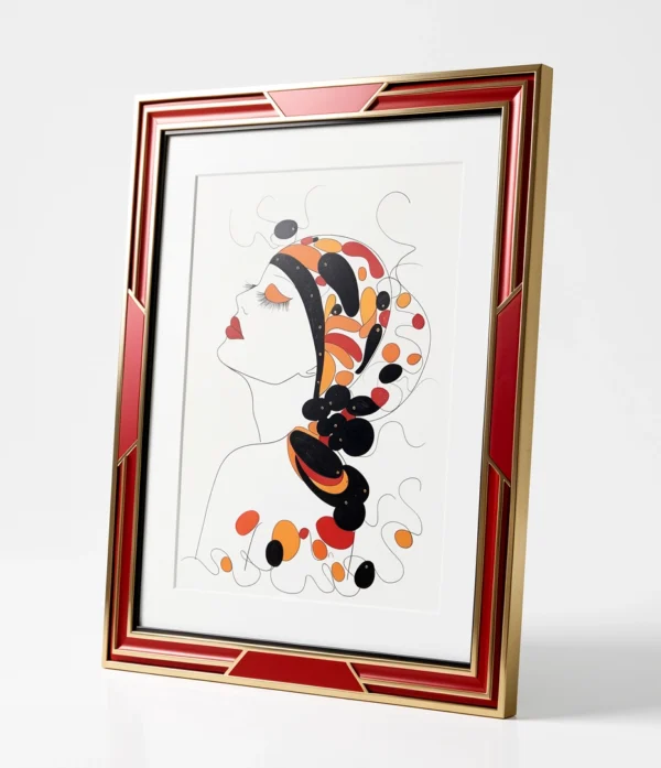 Illustration Art déco d'un tableau moderne de l'artiste internationale confirmée Alessandra Viotti-Gilabert, dont le motif représente une femme de profil dans un cadre géométrique rouge et or.